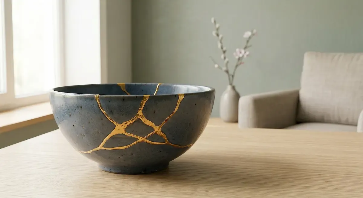A ceramic bowl repaired with the Kintsugi method, where broken pieces are mended with gold to create something stronger and more beautiful.