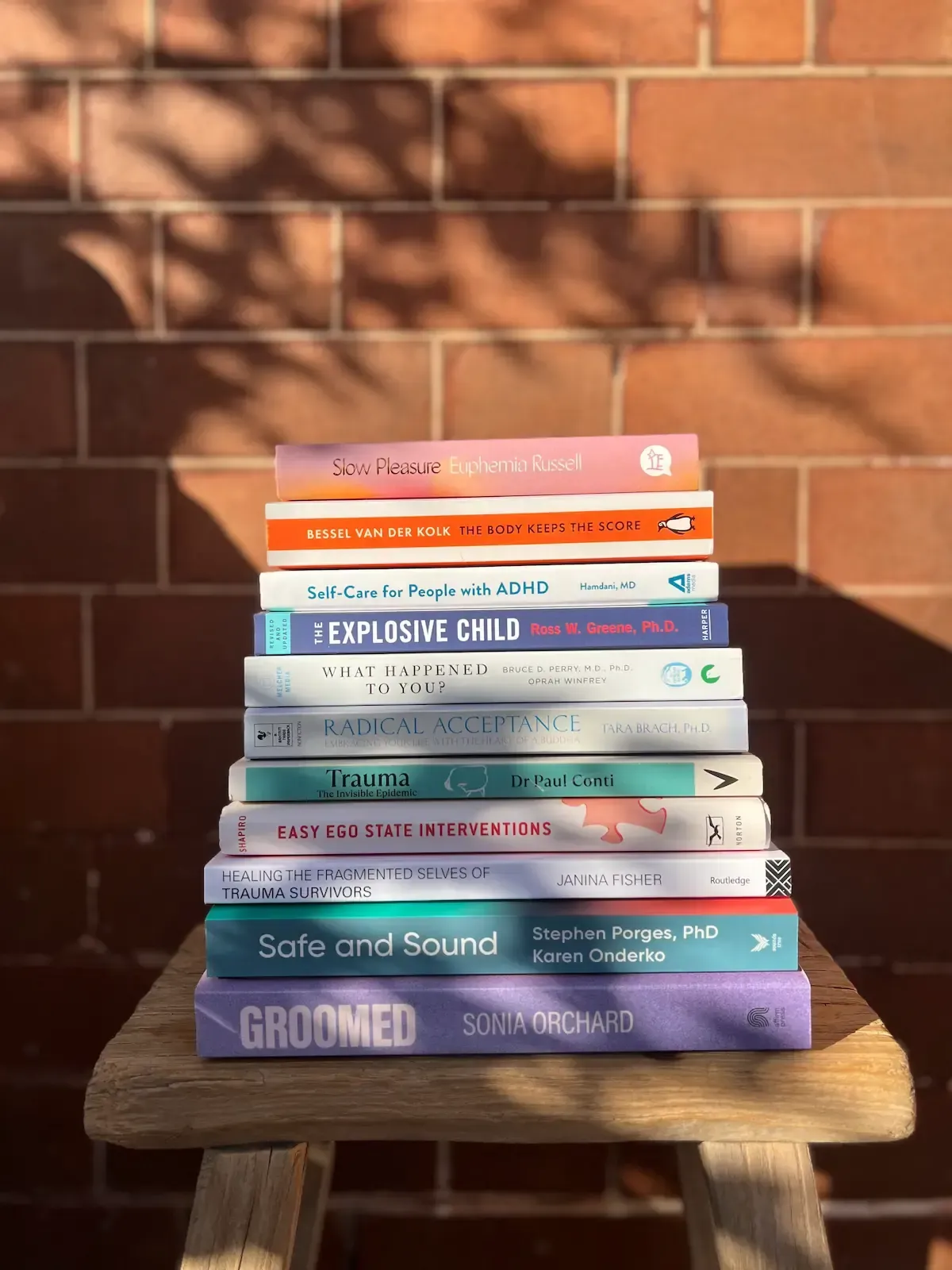 Clinical supervision reference books on a shelf at Soma + Soul Practice
